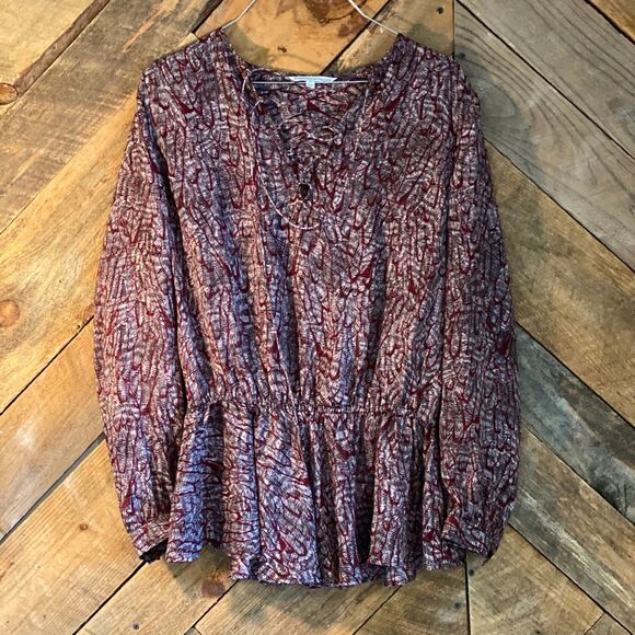 Rebecca Minkoff 100% Silk Maroon & Black Print Peplum Blouse Sz.S - Picture 6 of 10